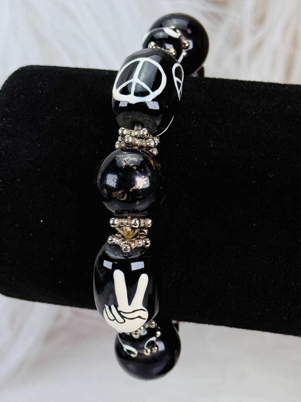 Black and White peace painted Beaded stretch Bracelet